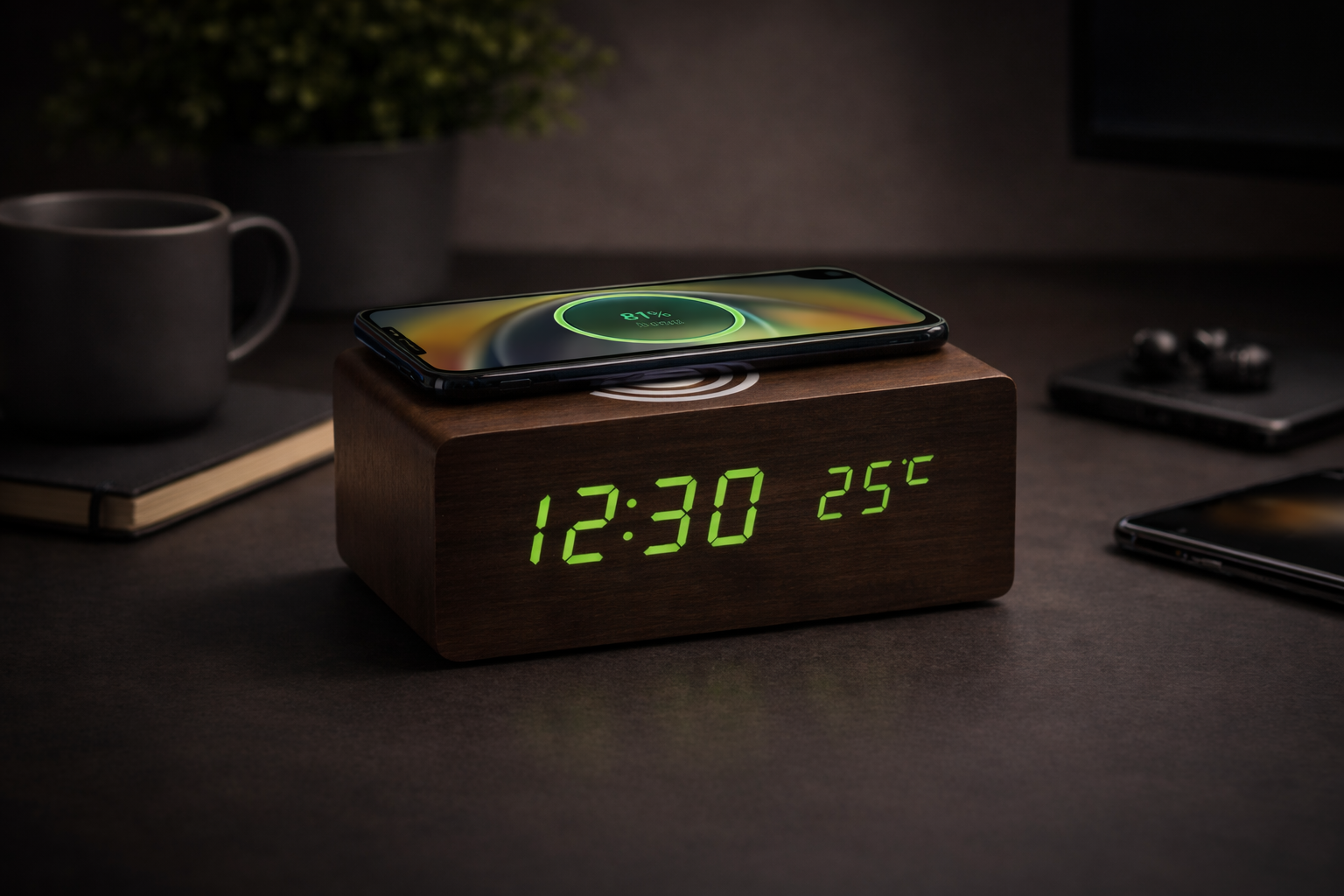 Wooden digital clock with smartphone on top displaying time and temperature, placed on a dark surface.
