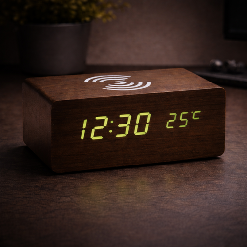 Wooden digital clock with LED display on a dark surface